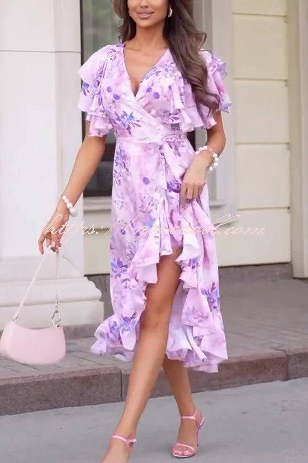 Unique Printed V-neck Ruffled Loose Midi Dress