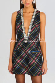 Elegant Demeanor Satin Gemstone Trim Deep V-Neck Tank H-line Mini Dress