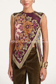 Stunning Floral Print Asymmetric Tassel Trim Scarf Top