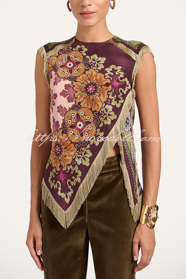 Stunning Floral Print Asymmetric Tassel Trim Scarf Top