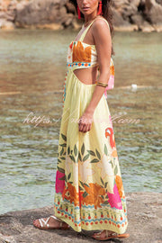 Resort Style Unique Print Sexy Square Neck Backless Waist Maxi Dress