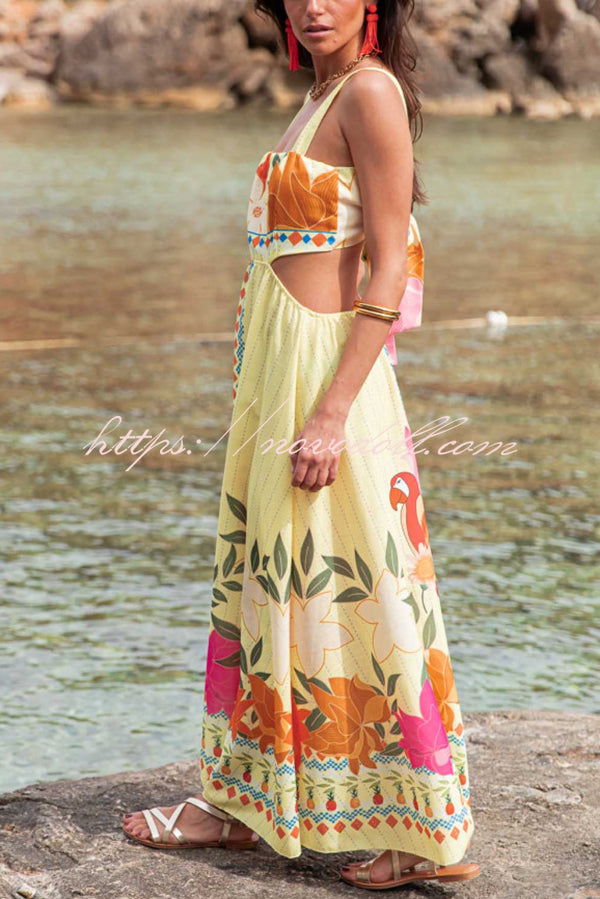 Resort Style Unique Print Sexy Square Neck Backless Waist Maxi Dress