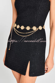 Timeless Exquisite Tweed Fabric Metal Coin Chain Detail Slip Mini Dress