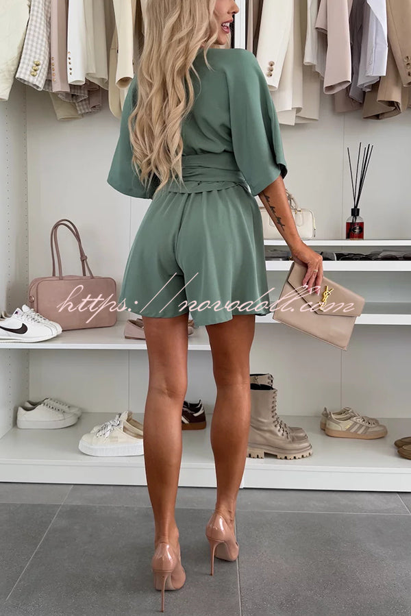 Stylish Comfortable V-neck Wide Sleeve Tie-up Loose Romper