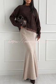 Caitlin Knit Lace Trim Patchwork Long Sleeve Back Slit Relaxed Sweater