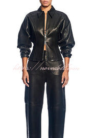 Pop of Brown Faux Leather Double Zipper Detail Balloon Sleeve Lapel Jacket