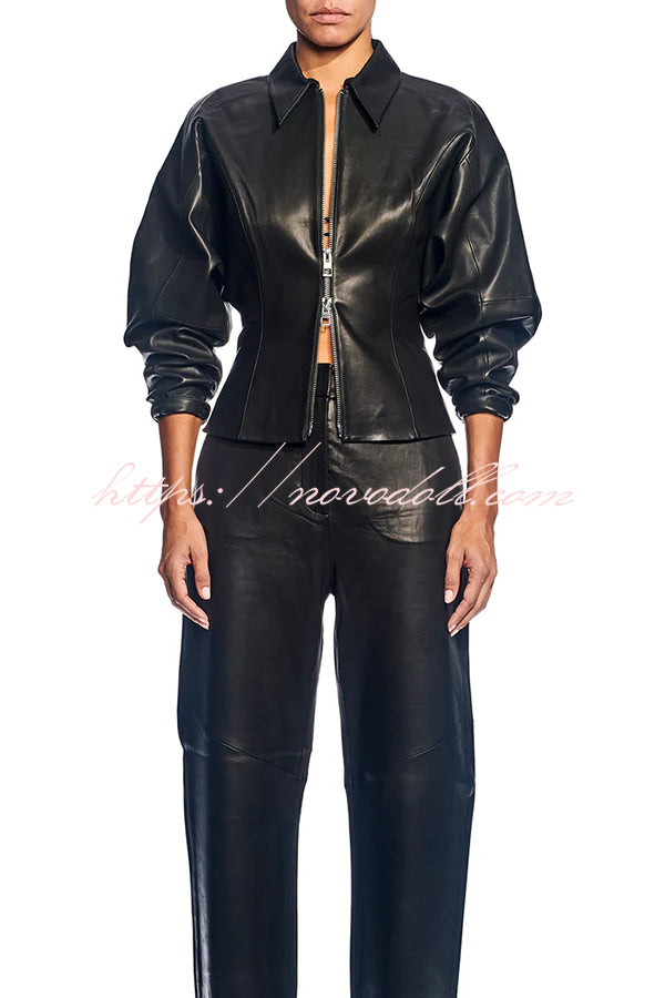 Pop of Brown Faux Leather Double Zipper Detail Balloon Sleeve Lapel Jacket