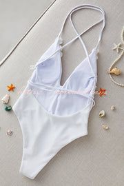 Solid Color Lace-up Flower Decoration Stretch One-piece Swimsuit