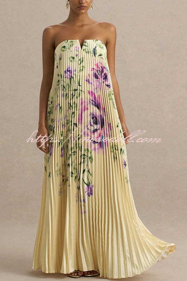 For Every Occasion Satin Pleated Floral Print V-wire Bandeau Neck Maxi Dress