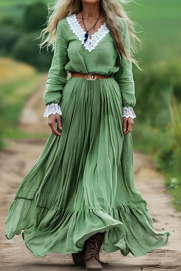 Bohemian Retro Lace Paneled V-neck Long-sleeved Maxi Dress