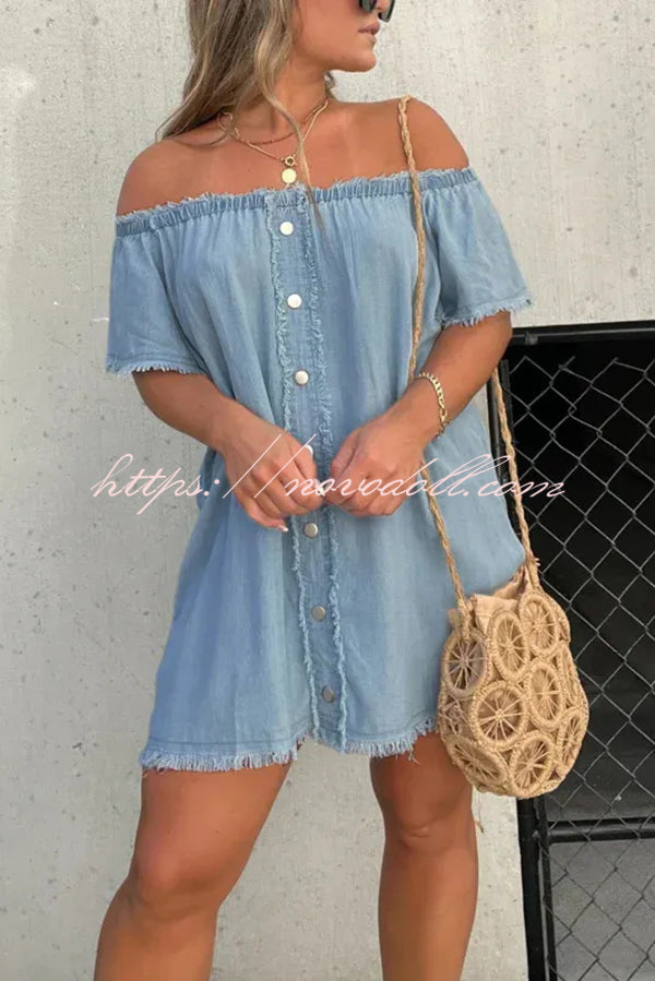 Fashionable Off Shoulder Short-sleeved Loose Denim Mini Dress