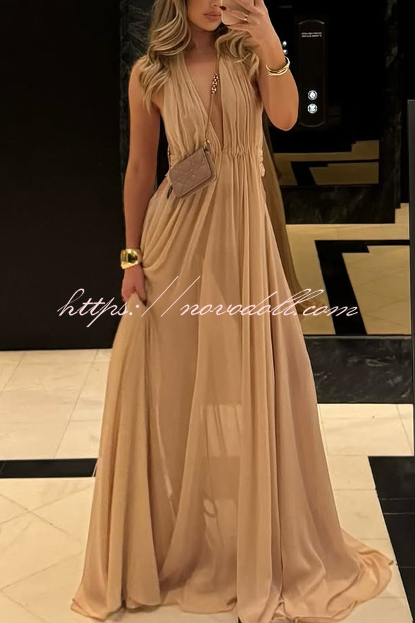 Ethereal Moment Tulle Cutout Ruched Waist Backless Halter Maxi Dress
