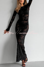 Sexy Openwork Lace Long-sleeved Slim-fit Fishtail Maxi Dress