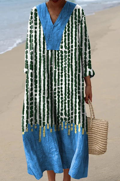 Dotted Line Stripe Print V-Neck Long Sleeve Loose Midi Dress