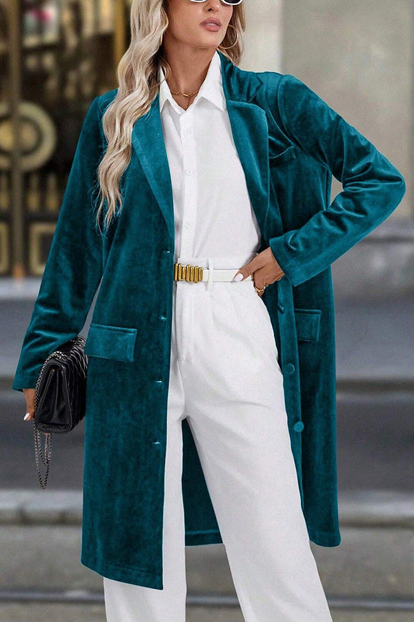 Solid Color Velvet Lapel Long-sleeved Casual Button Mid-length Coat
