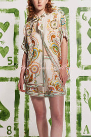 Antibes Unique Printed Loose Button-down Shirt and Pocket Elastic Waist Shorts Set