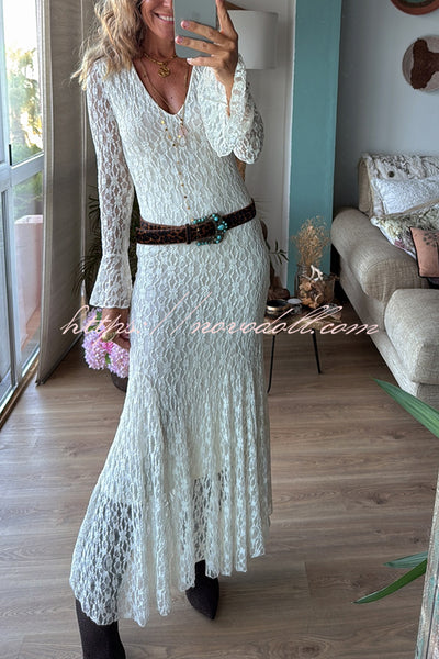 Aster Embroidered Lace Chiffon V-neck Long Bell Sleeve Stretch Flare Maxi Dress