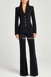 Women Power Metal Cross Snap Button Long Sleeve Lapel Blazer