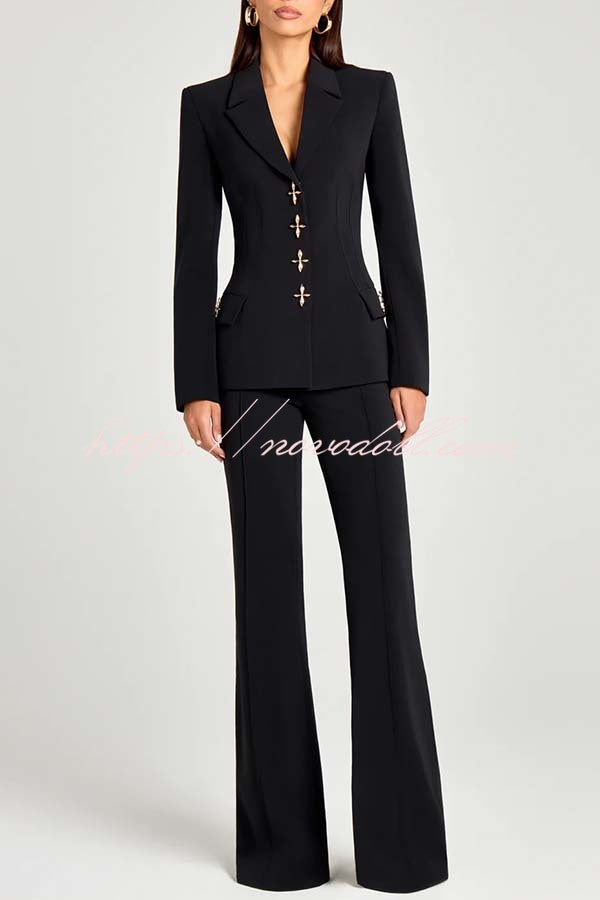 Women Power Metal Cross Snap Button Long Sleeve Lapel Blazer