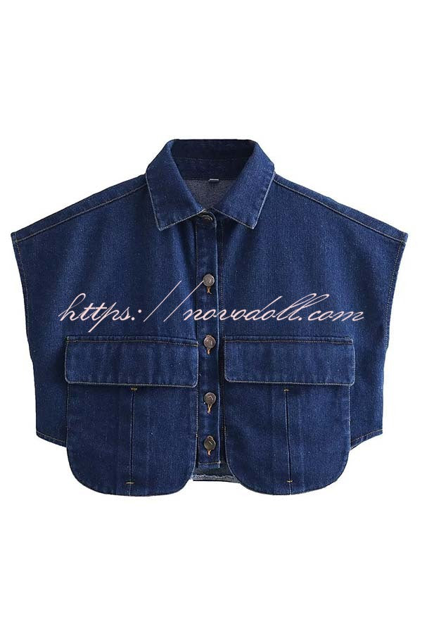Stylish Weekend Denim Button Up Cape Sleeve Pocket Crop Top