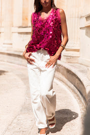Fashionable Sequined Round Neck Sleeveless Loose Vest