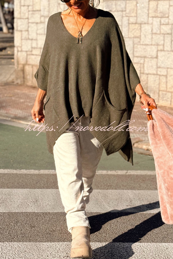 Fashion V-neck Loose Pocket Mid-length Knitted Sweater