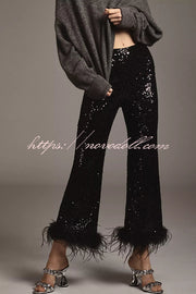 New Year Eve Sequin Feather Trim High Rise Back Zipper Flare Pants