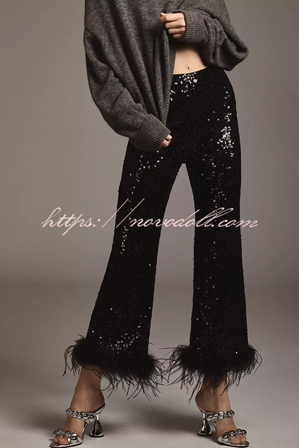 New Year Eve Sequin Feather Trim High Rise Back Zipper Flare Pants