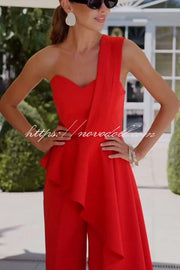 Amena One Shoulder Sweetheart Neck Ruffle Hem Top and Elastic Waist Pocket Wide Leg Pants Set
