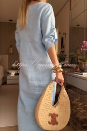 Ultra-comfortable Linen Blend Half Sleeve Front Button Detail Relaxed Pocket Midi Dress