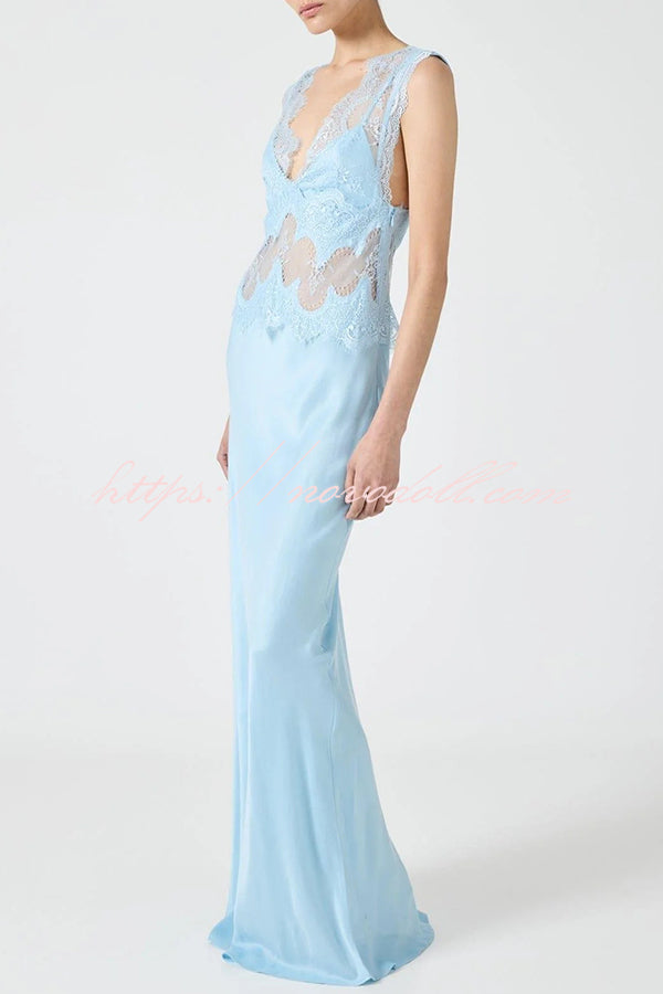 Wonderful Fusion Satin Lace Trim See-through Waist V-neck Drape Maxi Dress