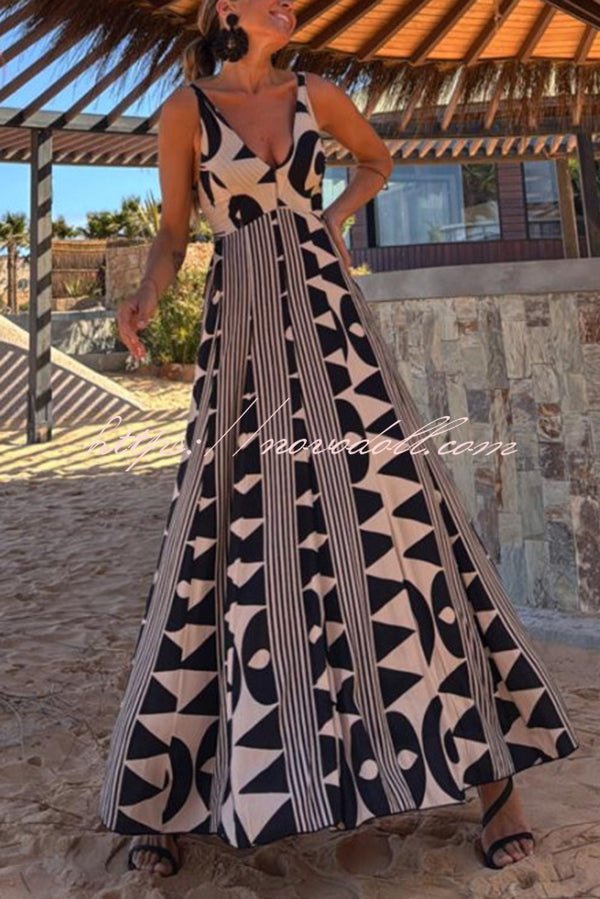 Sabine Geometric Print V-Neck Back Smocked A-line Maxi Dress