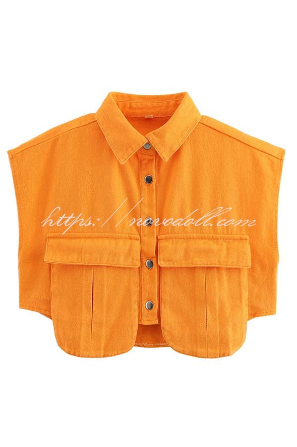 Stylish Weekend Denim Button Up Cape Sleeve Pocket Crop Top