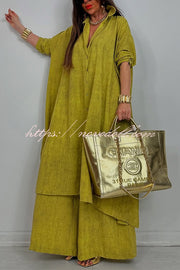 Solid Color Casual Loose Long Shirt and Elastic Waist Pocket Wide Leg Pants Set