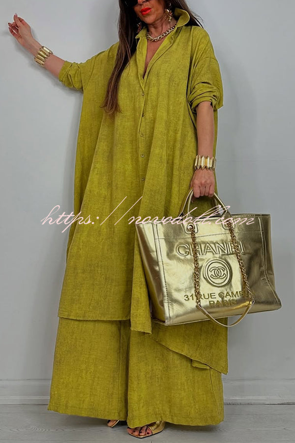 Solid Color Casual Loose Long Shirt and Elastic Waist Pocket Wide Leg Pants Set