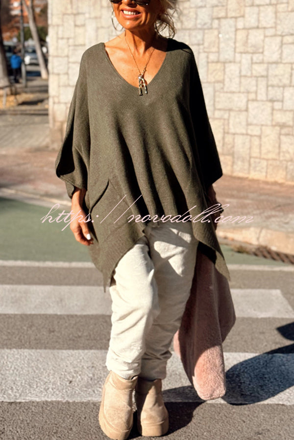Fashion V-neck Loose Pocket Mid-length Knitted Sweater