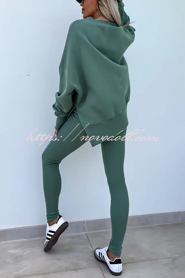 Solid Color Loose Long Sleeve SlitSweatshirt and Elastic Waist Tight Pants Set