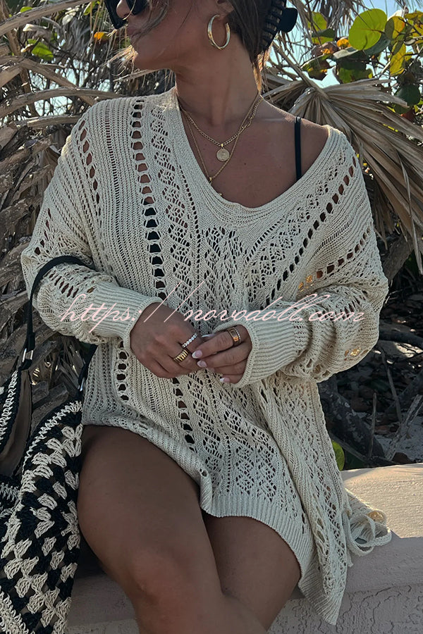Fashion Hollow Long Sleeve Loose Drawstring Knitted Cover-ups