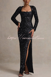 My Dream Sequin Square Neck Long Sleeves Slit Maxi Dress