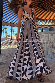 Sabine Geometric Print V-Neck Back Smocked A-line Maxi Dress