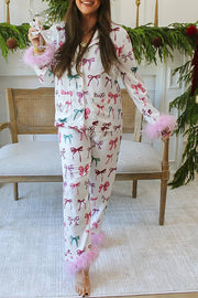 Christmas Besties Party Printed Feather Trim Elastic Waist Pocketed Pajama Set