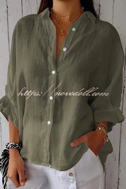 Linen Blend Solid Color Tie Back Loose Shirt Top