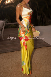 Luisa Satin Floral Print Cowl Neck Sexy Open Back Tie-up Maxi Dress