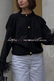 Solid Color Elegant Feather Long Sleeve Casual Knitted Cardigan