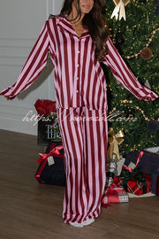 Courtney Satin Colorblock Striped Loose Shirt and Elastic Waist Pocketed Pajama Set