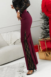 Joelie High Rise Elastic Waistband Side Lace Patchwork Flare Pants