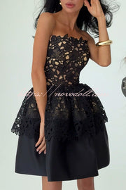 Angie Embroidered Floral Lace Patchwork Off Shoulder Tulip Hem Mini Dress