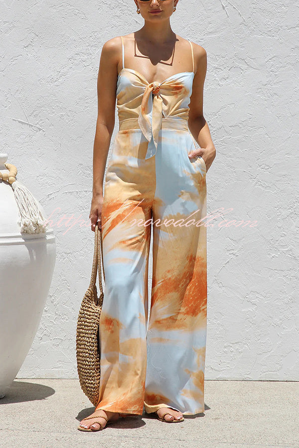 Unique Printed Suspender Back Pleated Pocket Wide-leg Jumpsuit