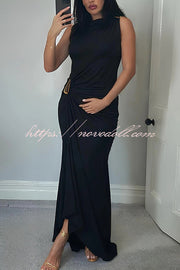 Fashionable Metallic Embellishments Pleated Sleeveless Slim-fit Maxi Dress