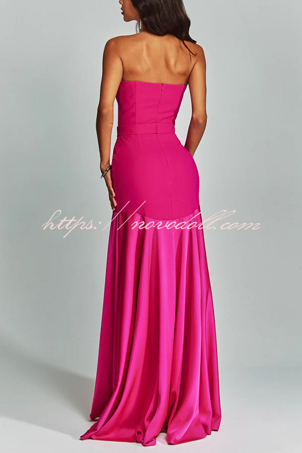 Mermaid Style Off Shoulder Sheer V-neck Satin Hem Party Maxi Dress